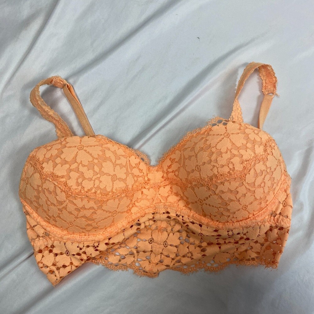 Victorias Secret Crochet Lace Padded Long Line Bralette Crop Top Bra Orange S